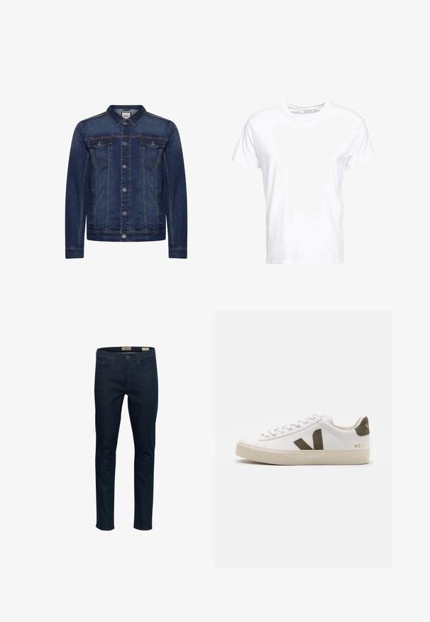 Veste en jean bleu foncé avec boutons devant, deux poches poitrine à rabat et des poches latérales, surpiqûres contrastées et col classique.; T-shirt en coton blanc avec un col rond et des manches courtes, au fit classique et à la texture lisse. Aucun motif ni accessoire visible.; Jean en denim bleu foncé avec une coupe slim, cinq poches et une fermeture à bouton à l'avant. Présente des coutures discrètes et une texture lisse.; Baskets en cuir blanc avec une semelle en caoutchouc beige clair. Présentent un logo en V en daim marron et une languette de talon. Fermeture à lacets avec une surface texturée.