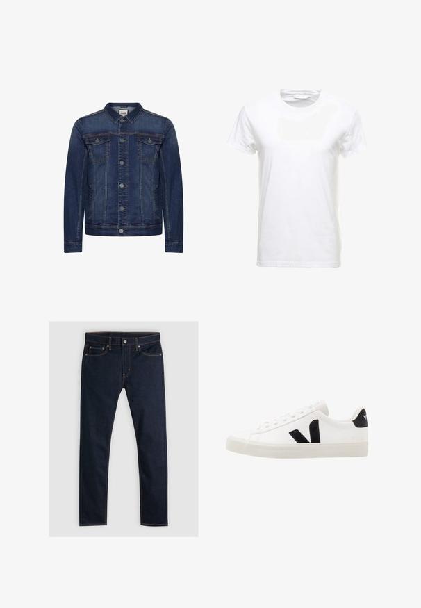 Dunkelblaue Jeansjacke mit Knopfleiste, zwei Brusttaschen mit Patte, Seitentaschen, Kontrastnähten und klassischem Kragen.; Weißes Baumwoll-T-Shirt mit kurzen Ärmeln, Rundhalsausschnitt und glatter Textur. Etikett am Ausschnitt sichtbar. Einfacher und klassischer Stil.; Levi's® 510® SKINNY - Jeans Skinny Fit - dark hollow; Weiße Leder-Sneaker mit schwarzen Wildlederelementen; verfügen über eine Gummisohle, eine runde Spitze und ein klassisches Schnürdesign. Seitliches Logo in Schwarz.