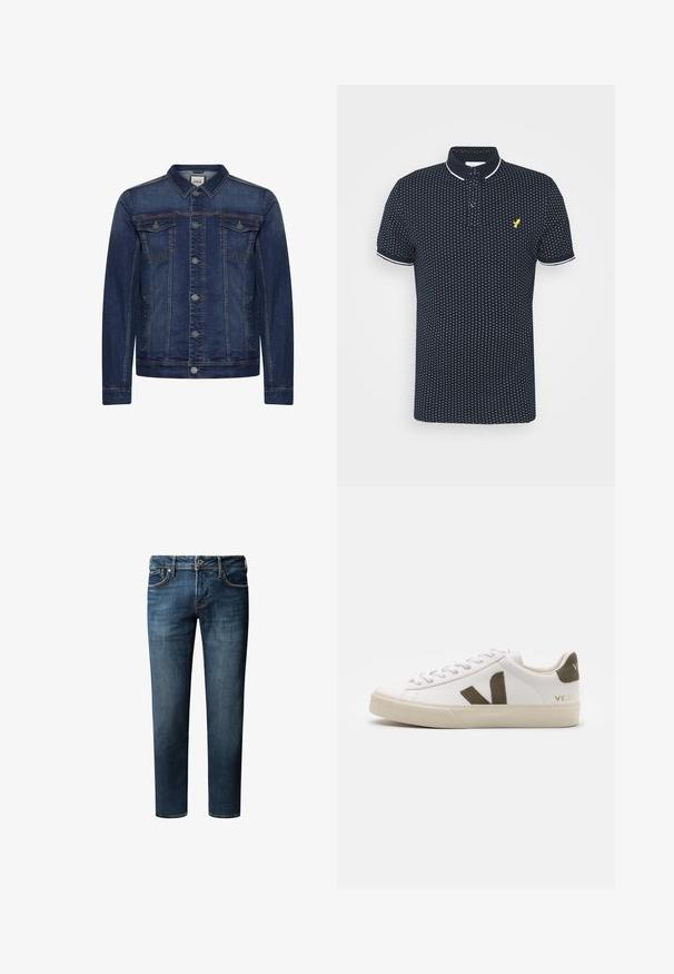 Donkerblauw spijkerjasje met knoopsluiting aan de voorkant, twee borstzakken met klep en zijzakken, voorzien van contrasterende stiksels en een klassieke kraag.; Marineblauwe polo met een klein wit stippenpatroon, korte mouwen, witte accenten op de kraag en manchetten, en een gele logo op de borst.; Donkerblauwe spijkerbroek met een recht pijpontwerp, voorzien van vijf zakken, een knoopsluiting en subtiele vervagingdetails op de stof.; Witte leren sneakers met een lichtbeige rubberen zool. Voorzien van een bruine suède V-logo en hieltab. Gespsluiting met een gestructureerd oppervlak.