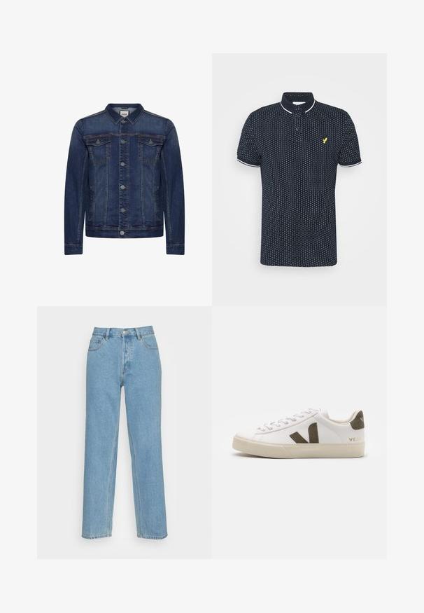 Mørkeblå denimjakke med knaplukning foran, to brystlommer med klap og sidelommer, med kontrastsyninger og klassisk krave.; Marineblå polo-shirt med små hvide prikker, korte ærmer, hvide accenter på kraven og ærmerne, samt et gult logo på brystet.; Lysblå lige ben jeans lavet af denim, med et klassisk fem-lomme design, en knaplukning foran og synlige syninger.; Hvide læder sneakers med en lys beige gummisål. Har en brun ruskinds V-logo og hælflap. Snørret lukning med en struktureret overflade.