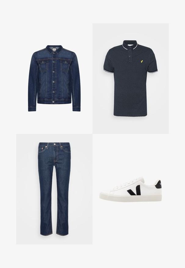 Donkerblauw spijkerjasje met knoopsluiting aan de voorkant, twee borstzakken met klep en zijzakken, voorzien van contrasterende stiksels en een klassieke kraag.; Marineblauwe polo met een klein wit stippenpatroon, korte mouwen, witte accenten op de kraag en manchetten, en een gele logo op de borst.; Donkerblauwe rechte spijkerbroek met oranje stiksels, vijf zakken en een ritssluiting met knoop aan de voorkant.; Witte leren sneaker met zwarte suède accenten; voorzien van een rubberen zool, ronde neus en een klassieke vetersluiting. Zijkant met logo in het zwart.