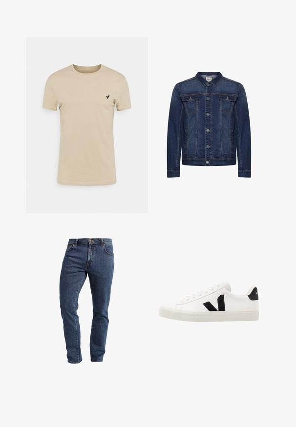 Chaqueta vaquera azul oscuro con cierre frontal de botones, dos bolsillos con solapa en el pecho y bolsillos laterales, costuras en contraste y cuello clásico.; Camiseta de manga corta beige hecha de tela suave, con un cuello redondo y un pequeño logo de un pájaro negro en la parte izquierda del pecho.; Vaqueros denim ajustados de color azul oscuro con cinco bolsillos y cierre con botón de cobre, mostrados sobre un fondo blanco.; Zapatilla de cuero blanca con acentos de ante negro; presenta una suela de goma, puntera redonda y un diseño clásico de cordones. Logo lateral en negro.