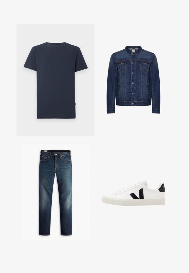 Donkerblauw spijkerjasje met knoopsluiting aan de voorkant, twee borstzakken met klep en zijzakken, voorzien van contrasterende stiksels en een klassieke kraag.; Effen donker marineblauw T-shirt met korte mouwen en ronde hals, met een klein wit SELECTED-merklabel binnenin de kraag.; Donkerblauwe denim jeans met een rechte pasvorm, vijf zakken en koperen hardware-accenten. Vervaagde gebieden op de broekspijpen zorgen voor een contrast in textuur.; Witte leren sneaker met zwarte suède accenten; voorzien van een rubberen zool, ronde neus en een klassieke vetersluiting. Zijkant met logo in het zwart.