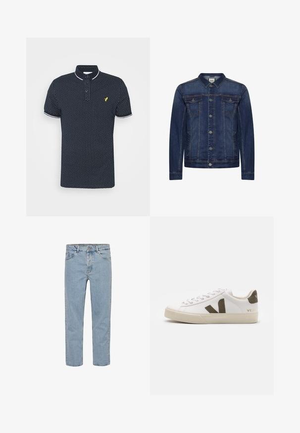 Veste en jean bleu foncé avec boutons devant, deux poches poitrine à rabat et des poches latérales, surpiqûres contrastées et col classique.; Polo-shirt marine avec un petit motif de pois blancs, manches courtes, accents blancs sur le col et les poignets, et un logo jaune sur la poitrine.; Jean en denim bleu clair à coupe droite, cinq poches, passants de ceinture et braguette à boutons, présenté sur fond blanc uni.; Baskets en cuir blanc avec une semelle en caoutchouc beige clair. Présentent un logo en V en daim marron et une languette de talon. Fermeture à lacets avec une surface texturée.