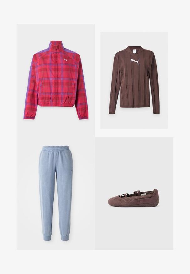 Chaqueta de cuadros rojos y morados con cremallera, cuello alto, puños y bajo elásticos, bolsillos laterales y un logo blanco de Puma en el pecho.; Jersey marrón de manga larga con rayas verticales texturizadas y un logo blanco de Puma centrado en el pecho sobre un fondo liso.; Pantalones de chándal azules hechos de una tela suave con una cintura y puños elásticos; presentan una sutil textura y un pequeño logo en un lado.; Zapato plano tipo ballet de ante marrón con correas elásticas y suela texturizada, mostrado de perfil sobre un fondo claro y liso.