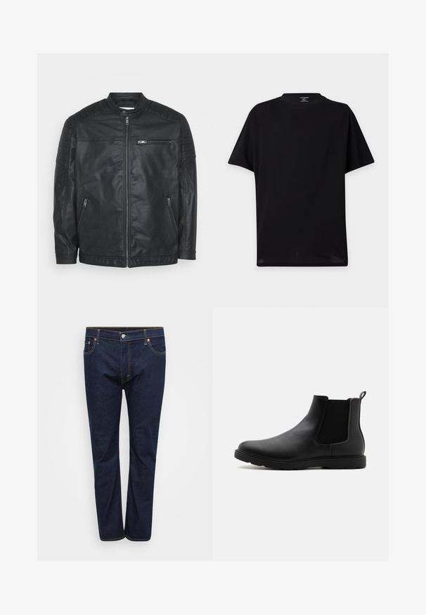 Schwarze Lederjacke mit Reißverschluss, gesteppten Schulterdetails und zwei vorderen Taschen. Glatte Textur und klassisches Design.; Schlichtes schwarzes T-Shirt mit kurzen Ärmeln und Rundhalsausschnitt ohne sichtbare Logos oder Designs, dargestellt vor hellem Hintergrund.; Dunkelblaue Denim-Jeans mit geradem Bein, sichtbar abgenäht in kontrastierendem Gelb, fünf Taschen und einem vorderen Knopfverschluss.; Schwarze Leder-Chelsea-Stiefel mit elastischen Seitenpaneelen, einem Zugband und einer robusten Gummisohle. Glatte Textur und elegantes Design.