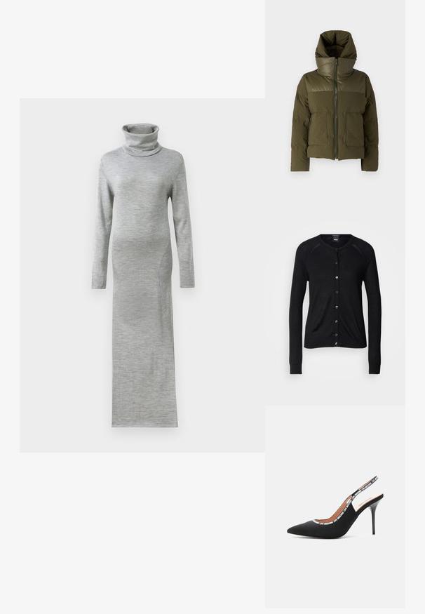 Olive roheline puhv jacket kõrge kraega, lukuga sulgemine ja kaks eesmist taskut. Omab sujuvat tekstuuri ja slim-fit siluetti.; Mustard kollane, millel on ümar kaelus, pikad varrukad, nööpidega sulgemine ja sile tekstuur; hõbedasest tooni nööbid ja soonitud mansetid.; Hallide hall kaelusega kleit pikkade varrukatega, valmistatud pehmest kudumisest. Kleit on sirge, põrandani ulatuva siluetiga ja minimaalsete detailidega.; Love Moschino LOGO TAPE - Kõrge kontsaga kingad - black