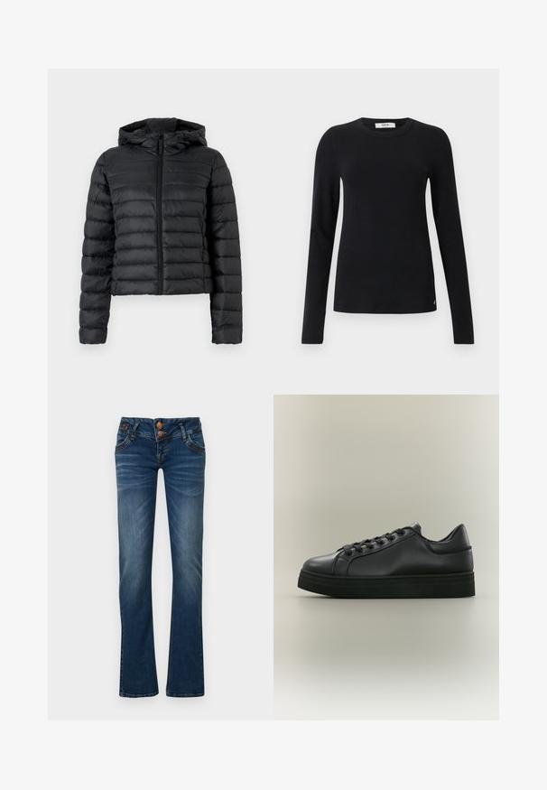 Schwarze Daunenjacke mit Kapuze, ausgestattet mit einem gesteppten Design, Frontreißverschluss und langen Ärmeln. Das Material wirkt glatt und glänzend.; Schwarzes langärmliges, figurbetontes Oberteil mit Rundhalsausschnitt und gerippter Textur sowie einem kleinen Replay-Logo an dem Saum vor einem weißen Hintergrund.; Dunkelblaue Bootcut-Jeans mit zwei vorderen Knöpfen, fünf Taschen und feinem Verblassen an Oberschenkeln und Knien.; Schwarzer flacher Ledersneaker mit dicker Sohle, vorderer Schnürung und gepolstertem Kragen auf neutralem grauem Hintergrund.