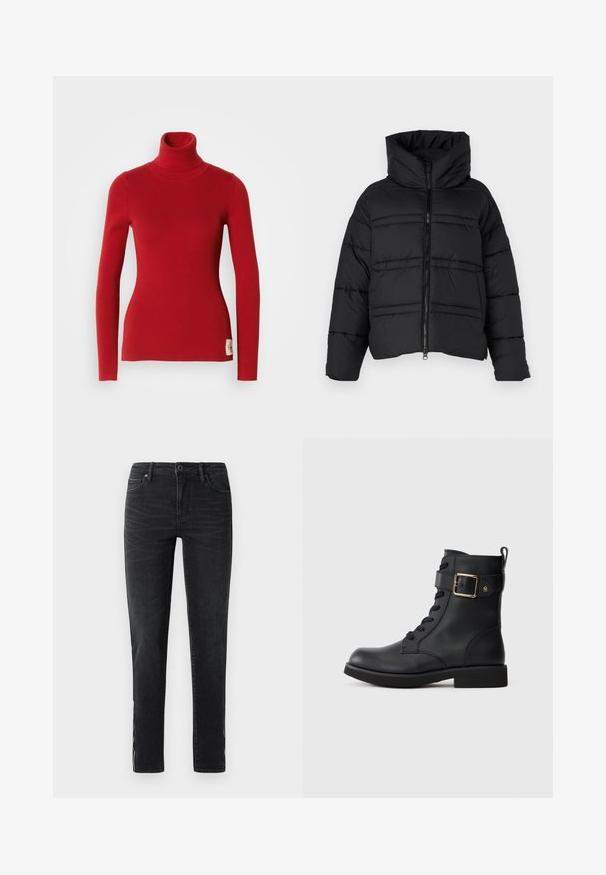 Doudoune noire avec col montant, fermeture zippée et coutures horizontales. Le matériau semble brillant et isolant.; Pull en maille côtelée rouge avec un col roulé, à manches longues et une silhouette ajustée, présentant une petite étiquette de logo sur le côté inférieur et une texture lisse.; Jean slim noir avec bouton à l'avant, passants de ceinture et détail de décoloration subtil le long des côtés et sur l'avant des cuisses.; Bottine en cuir noir avec un laçage à l'avant, une large sangle avec boucle dorée, et une languette de tirage à l'arrière sur fond clair.