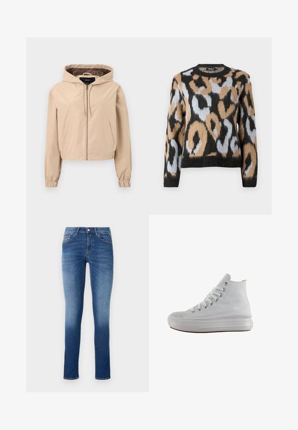 Beige Jacke, tailliert und aus einem glatten, leichten Material gefertigt. Hat eine Kapuze, einen Reißverschluss und elastische Bündchen an den Handgelenken. Zwei Fronttaschen.; Leopardenmuster-Pullover mit rundem Ausschnitt, langen Ärmeln und einer Mischung aus Schwarz, Braun und Hellblau in einem strukturierten Strickstoff.; Blaue Jeans aus Denim im Slim-Fit-Schnitt, mit mittelhohem Bund, fünf Taschen und einem leichten Verblassen von Oberschenkel bis Saum.; Weißer High-Top-Canvas-Sneaker mit weißen Schnürsenkeln, metallischen Ösen, dicker Gummisohle und strukturierter Zehenkappe, nach links auf weißem Hintergrund ausgerichtet.
