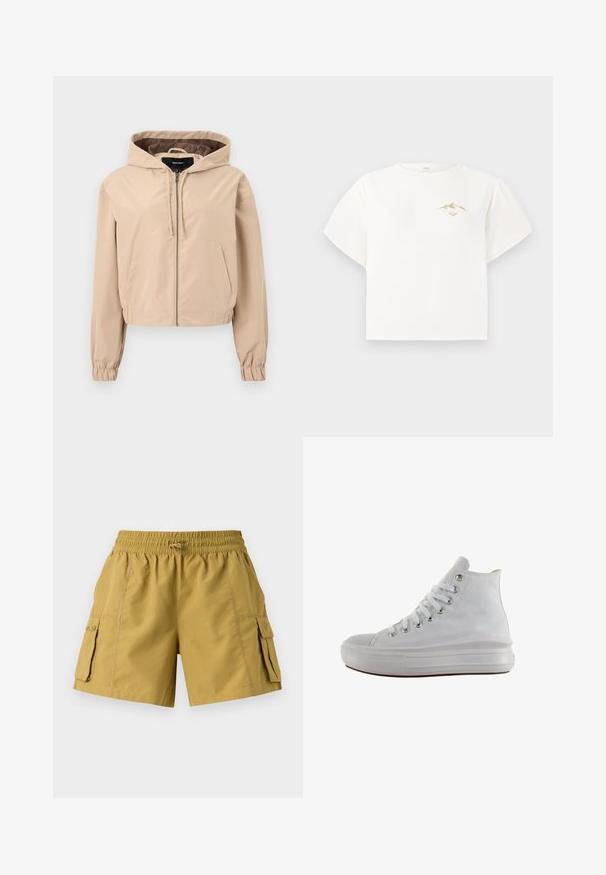 Korte beige jas gemaakt van een glad, lichtgewicht materiaal. Beschikt over een capuchon, ritssluiting en elastische polsbanden. Twee voorzakken.; Witte t-shirt met korte mouwen, gemaakt van katoen, met een kleine gouden bergafbeelding op de borst en een losse, boxy pasvorm.; Korte cargo shorts in kaki met een elastische tailleband, trekkoord en twee zijzakken. Gemaakt van lichte stof met een gladde textuur.; Witte hoge canvas sneaker met witte veters, metalen oogjes, dikke rubberen zool en gestructureerde neuskap, naar links gericht op een witte achtergrond.