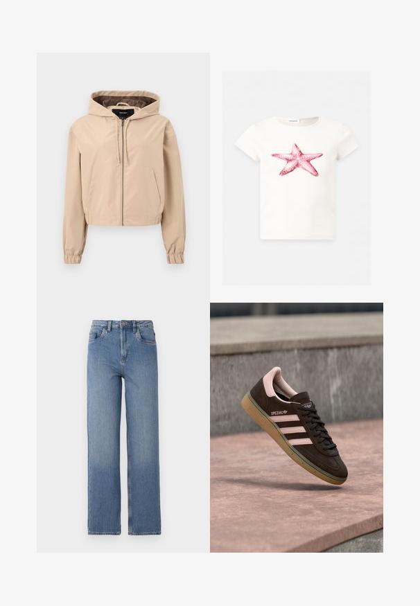 Afskåret beige jakke lavet af et glat, let materiale. Har hætte, lynlås og elastiske håndledsnitter. To forlommer.; Hvid T-shirt med korte ærmer med en stor lyserød søstjerne grafik centreret foran.; Højtaljede blå denim jeans med lige ben. Har klassisk fem-lomme design og subtil udblegning på forsiden.; Mørkebrun ruskindsneaker med pink detaljer, der har tre pink striber, en tekstureret sål og en logo på siden. Klassisk lavprofil-design.