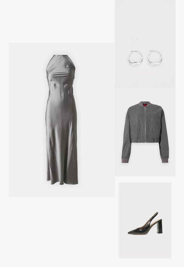 Chaqueta bomber gris con cuello acanalado, cremallera completa y cinturilla elástica fruncida. Presenta una textura suave y mangas largas.; Vestido halter de satén en gris claro, con un corpiño ajustado y una falda de línea A fluida, con una textura suave y un diseño minimalista.; Zapato de mujer slingback de piel negra con puntera puntiaguda y tacón alto grueso de bloque sobre fondo blanco.; Pendientes de aro de plata con un acabado pulido y la marca DKNY, exhibidos sobre un fondo blanco liso.