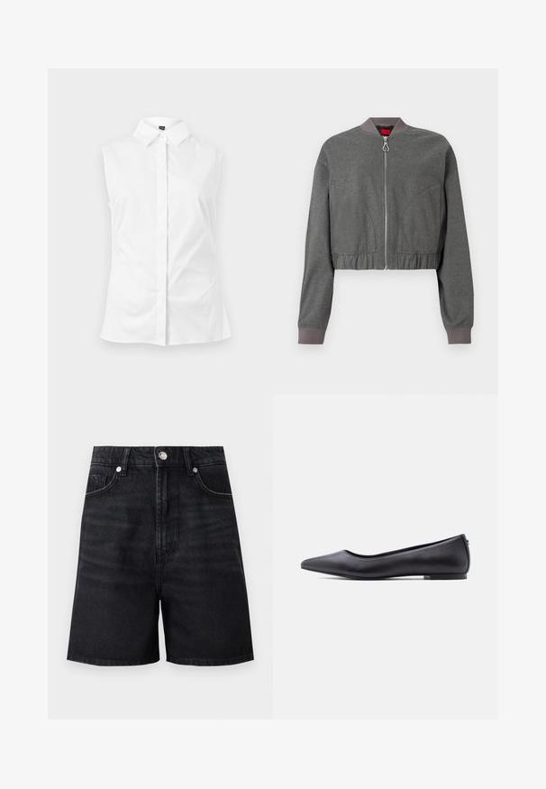 Veste bomber grise avec un col côtelé, une fermeture éclair intégrale et une taille élastique froncée. Présente une texture lisse et des manches longues.; Chemise blanche sans manches à boutons, col pointu, tissu lisse et silhouette épurée et ajustée.; Shorts en denim noir taille haute, avec poches avant et fermeture à bouton en métal argenté. Texture lisse avec des détails de décoloration subtils.; Chaussure plate en cuir noire à bout pointu avec petit talon, vue de profil sur fond blanc.