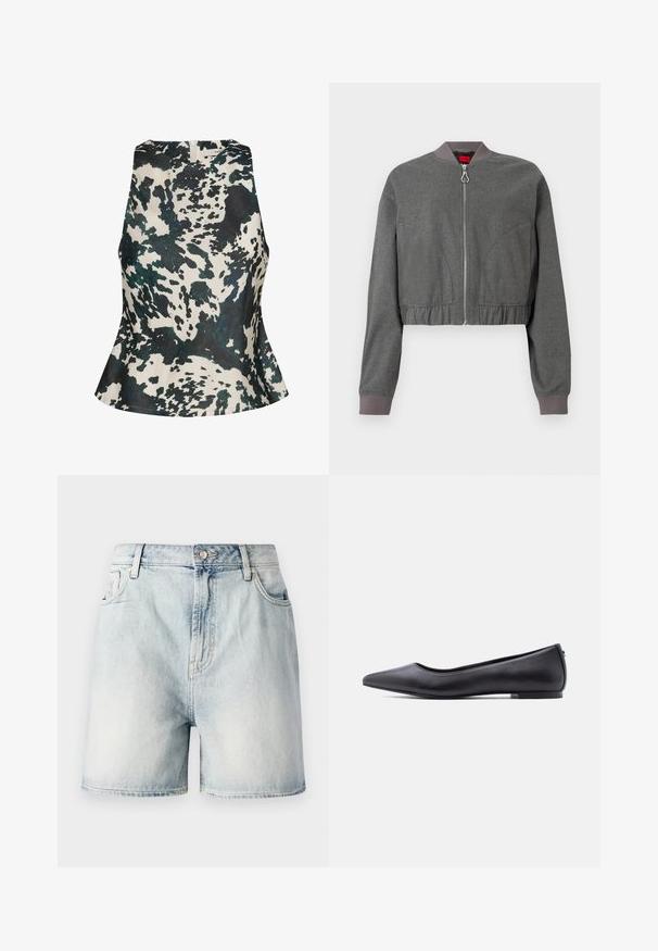 Sivý bomber s rebrovaným golierom, plný zips a gumičkový pás. Má hladký povrch a dlhé rukávy.; Gestuz GZCERI P - Blúzka - green ox; Svetlomodré denim šortky s gombíkovým zapínaním, piatimi vreckami a jemne ošúchanou textúrou. Rovno strihané s klasickým dizajnom.; Čierna kožená balerína s špičatou špičkou a nízkym podpätkom, zobrazená z profilu na bielom pozadí.