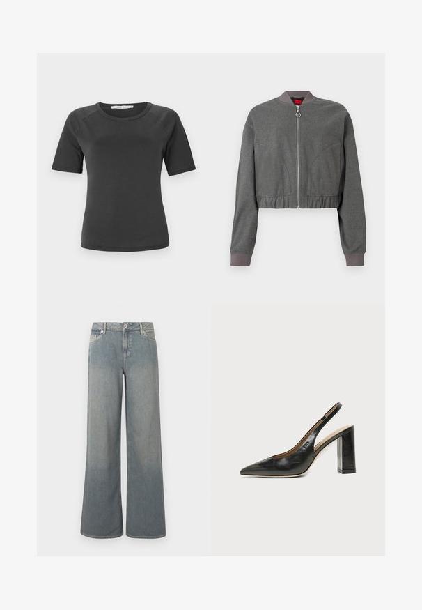 Veste bomber grise avec un col côtelé, une fermeture éclair intégrale et une taille élastique froncée. Présente une texture lisse et des manches longues.; T-shirt noir chiné à manches courtes avec un col rond, fabriqué en tissu lisse, doté de manches raglan et d'un design minimaliste.; Jean large coupe large délavé clair en denim, doté d'un design classique à cinq poches, d'une fermeture éclair et bouton, avec des accents d'ourlet effiloché.; Chaussure slingback en cuir noir à bout pointu avec un talon bloc haut et une doublure intérieure beige sur un fond clair uni.