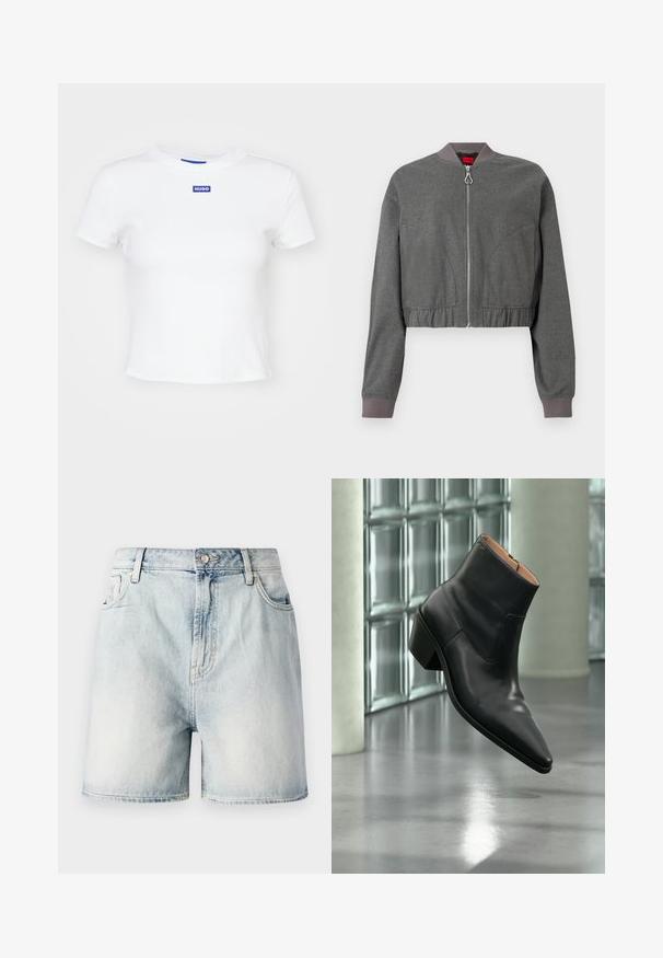Chaqueta bomber gris con cuello acanalado, cremallera completa y cinturilla elástica fruncida. Presenta una textura suave y mangas largas.; Camiseta de algodón blanca con mangas cortas, escote redondo y un parche rectangular azul con el logo "HUGO" en el centro delantero.; Pantalones cortos de mezclilla azul claro con cierre de botón, cinco bolsillos y una textura deslavada. Corte recto con un diseño clásico.; Botín de piel negra con puntera puntiaguda y tacón cuadrado que levita sobre un suelo gris reflectante cerca de una pared de bloques de cristal.