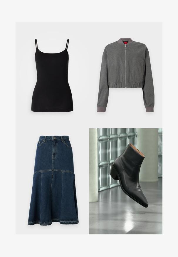 Veste bomber grise avec un col côtelé, une fermeture éclair intégrale et une taille élastique froncée. Présente une texture lisse et des manches longues.; Débardeur noir avec des bretelles fines et ajustables, en tissu extensible lisse et à la silhouette ajustée. Pas de motifs ni de décorations.; Jupe en denim bleu foncé à forme évasée, avec une taille haute, des poches avant et un ourlet brut. Texture usée et détails de couture.; Bottine en cuir noir avec un bout pointu et un talon carré lévitant au-dessus d'un sol gris réfléchissant près d'un mur en blocs de verre.