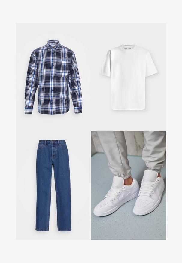 Jack & Jones JCOBLACK ZAC OVERSHIRT RELAX - Ľahká bunda - navy blazer; Jednoduché biele tričko s krátkym rukávom a okrúhlym výstrihom položené na rovnej ploche na svetlosivom pozadí s malou značkovou nálepkou vo výstrihu.; Modré denimové džínsy s klasickým rovnom strihom, s vysokým pásom, pútkami na opasok a subtílnymi detailmi stehovania.; Biele kožené tenisky majú perforovaný špičku, ploché šnúrky, polstrovaný golier a logo Jordana na jazyku. Nosia sa s šedými joggermi.
