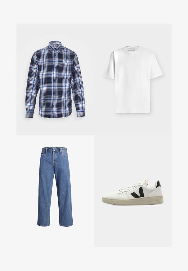 Jack & Jones JCOBLACK ZAC OVERSHIRT RELAX - Light jacket - navy blazer; Plain white short-sleeve crew neck T-shirt laid flat on a light gray background with a small brand label inside the neckline.; Light blue denim jeans with a straight-leg design, high waist, and minimal stitching details. The fabric has a soft, slightly faded texture.; White leather sneaker with black V logo, perforated toe, cream rubber sole, flat lace closure, and minimalist design.