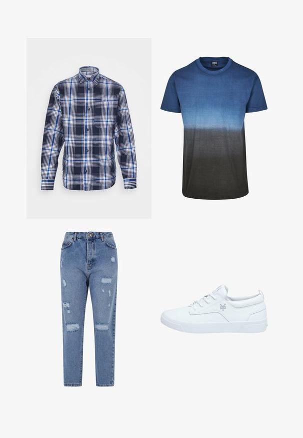Jack & Jones JCOBLACK ZAC OVERSHIRT RELAX - Overgangsjakke - navy blazer; Bomuld T-shirt med et gradientdesign fra blå til sort, korte ærmer, rund hals og en glat tekstur.; Lys blå denimjeans med høj talje, lige ben og distressed design, der har huller og flagrende kanter overalt.; Hvite canva sneakers med flad sål, rund tå, snørebånd foran og en logo accent på siden. Glat tekstur og minimalistisk design.