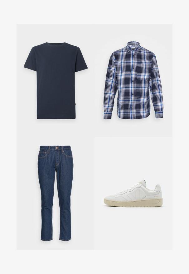 Jack & Jones JCOBLACK ZAC OVERSHIRT RELAX - Kerge jope - navy blazer; Lihtne tume mereväesinine lühikeste varrukatega ümar-kaelusega T-särk, mille kaeluses sees on väike valge SELECTED kaubamärgi silt.; Tumed sinimustest denimidest teksad sirge lõikega, viie tasku disainiga, nupplukuga ja oranžide õmblustega.; Valged nahast spordijalatsid tekstuurse viimistlusega ja pehmendatud kaelusega. Omab beeži kummist tallat ja diskreetset brändingut kandade ja külgede peal.