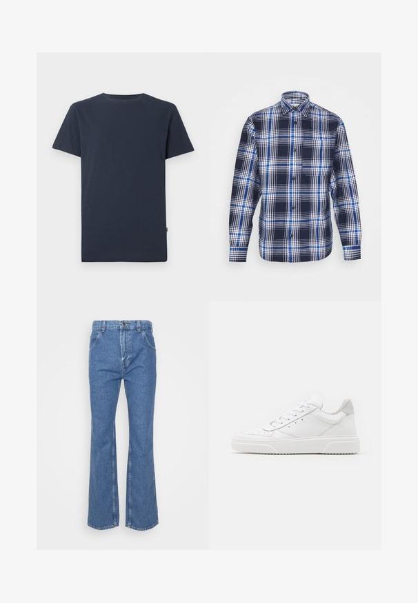 Jack & Jones JCOBLACK ZAC OVERSHIRT RELAX - Kerge jope - navy blazer; Lihtne tume mereväesinine lühikeste varrukatega ümar-kaelusega T-särk, mille kaeluses sees on väike valge SELECTED kaubamärgi silt.; Sinine teksariie, millel on kõrge talje, flared lõige, vöörihmadega, ees taskud ja klassikaline nööpkinnitus. Sujuv tekstuur, sirged õmblused.; Valged nahast spordijalatsid siledast nahast viimistlusega, ümarate varvastega, lamekestega ja tekstuuriga tallaga. Hall suede aktsent kanna juures.