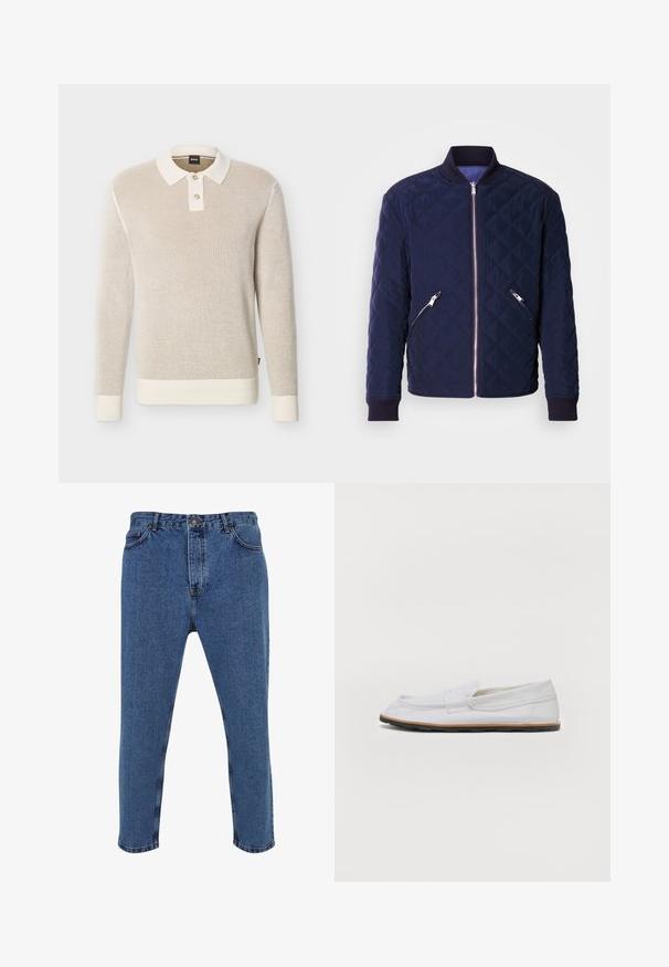 Blouson aviateur matelassé bleu marine avec une fermeture éclair frontale, deux poches latérales zippées et des poignets et un col côtelés. Texture lisse avec un motif en losanges.; Pull polo beige en maille texturée à manches longues avec col blanc, deux boutons, poignets et ourlet côtelés.; Jean en denim bleu avec une coupe droite, taille haute, design à cinq poches et détails de couture contrastés.; B basket classique en toile blanche, avec un bout arrondi, des coutures minimales et une semelle en caoutchouc marron. Conçu pour un usage décontracté.