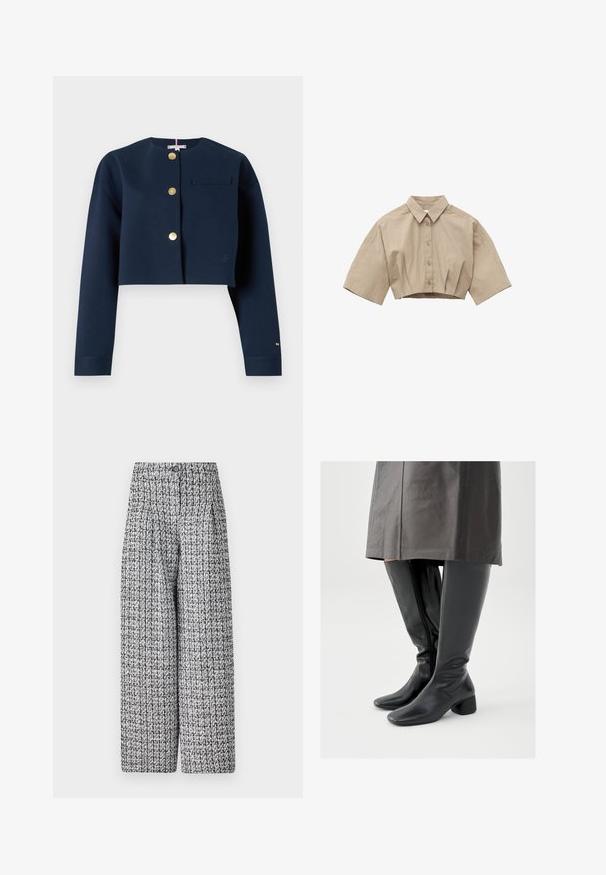 Laivastonsininen lyhyt takki kultaisilla nappeilla, olkasaumoilla, pienellä rintataskulla ja hillityllä logoyksityiskohdalla hihassa. Tasainen pinta.; Beige lyhyt nappipaita, jossa lyhyet leveät hihat ja klassinen kaulus valkoisella taustalla.; Kudotut leveälahkeiset housut musta-valkoisessa tekstuurikuviossa, joissa on korkea vyötärö, napitus ja laskostetut etuosa yksityiskohdat.; Polven korkuiset mustat nahkasaappaat, joissa on neliömäinen kärki, viistottu palikkakorko ja sivuvetoketju; sileä pinta ja istuva malli.