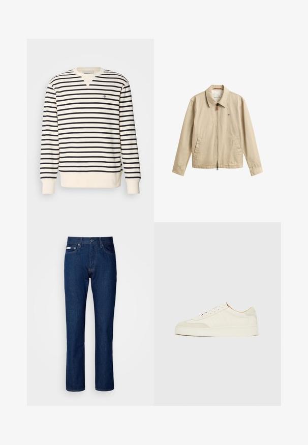 Beige herre casual jakke med lynlås foran, spidset krave, to forlommer og lille broderet logo på brystet.; Langærmet sweatshirt med V-udskæring. Har skiftevis marineblå og cremefarvede striber samt et lille broderet logo på brystet. Udført i en bomuldsblanding.; Mørkeblå denim jeans med lige ben sammen design, der har lynlås og knaplukning, fem lommer og subtile stikninger.; Hvide ruskinds-sneakers med en glat finish, rund tå, fladt snøresystem og kontrasterende teksturerede detaljer. Indeholder et diskret logo.