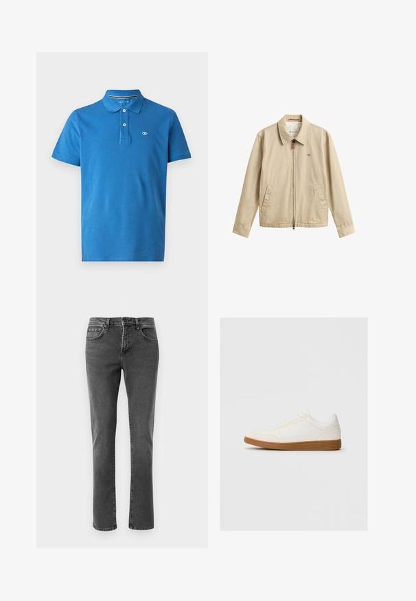 Beige herre casual jakke med lynlås foran, spidset krave, to forlommer og lille broderet logo på brystet.; Blå polo skjorte lavet af bomuld, med krave, to-knaps lukning, korte ærmer og et lille logo på brystet.; Sorte straight-leg denim jeans med front- og baglommer, lynlåslukning og knaplukning på en neutral hvid baggrund.; Hvide sneakers med en ruskind tåspids, glat syntetisk overdel og tan gummisål. Har perforeringer på siderne for åndbarhed.
