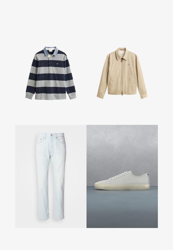 Veste casual beige pour homme avec fermeture éclair devant, col pointu, deux poches avant et petit logo brodé sur la poitrine.; Maillot de rugby à manches longues avec larges rayures horizontales bleu marine et grises, col bleu clair et petit logo sur la poitrine gauche.; Jean en denim bleu clair avec une coupe droite. Présente une fermeture à bouton et des passants de ceinture, mettant en valeur une texture décolorée et des coutures minimalistes.; Baskets en cuir blanc avec lacets flottant au-dessus de carreaux en bois carrés et de petits cailloux, avec un arbre et un fond gris.