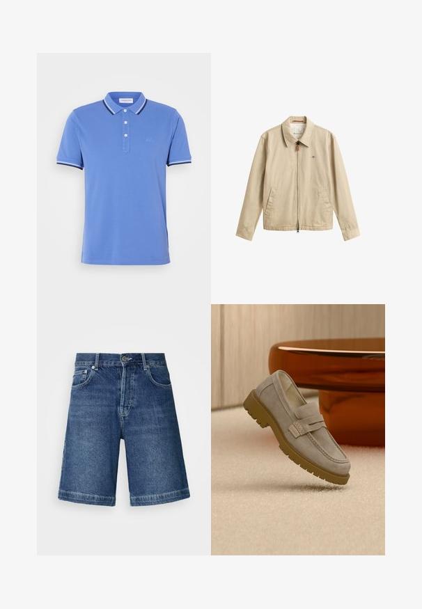 Beige heren casual jas met rits aan de voorkant, puntkraag, twee voorzakken en een klein geborduurd logo op de borst.; Blauwe poloshirt van katoen met een drieknoopsluiting, contrasterende witte en marineblauwe strepen op de kraag en de mouwuiteinden.; Donkerblauwe denim shorts met een rechte snit, vijf zakken en gestikte zoom. Voorzien van een sluiting met een knoop en rits.; Lichtgrijze suède loafer met dikke bruine rubberen zool geplaatst op een beige tapijt voor een wazige bruine ronde tafel.