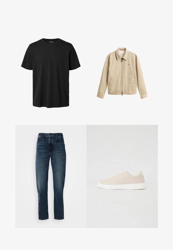 Beige heren casual jas met rits aan de voorkant, puntkraag, twee voorzakken en een klein geborduurd logo op de borst.; Effen zwarte T-shirt met korte mouwen, ronde hals en reguliere pasvorm zonder zichtbaar ontwerp of merk aan de voorkant.; Donkerblauwe recht gesneden jeans met een sluiting met knoop en rits aan de voorkant, vijf-pocket ontwerp en subtiele vervaging op de dijen en knieën.; Beige suède sneakers met witte rubberen zolen, ronde neus en zes veterogen. Gladde textuur met minimalistisch ontwerp.