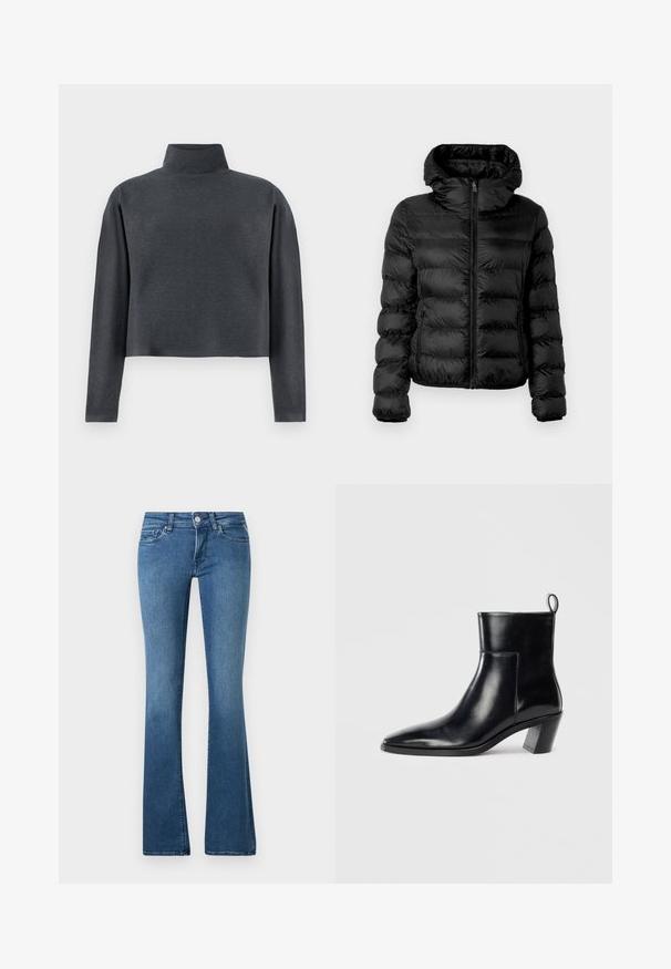 Sort dunjakke med høj krave, med syninger, lynlås foran og lange ærmer. Glat og skinnende tekstur.; DRYKORN ASIRAL - Sweatshirt - grey; Blå denimjeans med mellemhøjt talje, design med fem lommer og let udvidede ben mod en ensfarvet baggrund.; Sort læder ankelstøvle med spids tå, geometrisk stablet hæl og en løftestrop bagpå. Glat tekstur og slankt design.
