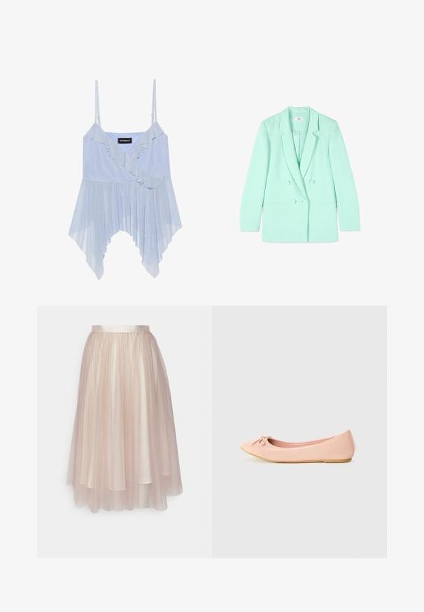 Dubbelgeknoopte blazer in muntgroen met notch-revers, lange mouwen, twee knopen aan de voorkant en steekzakken, getoond op een witte achtergrond.; Even&Odd by Zalando Top - sky blue; Ida Sjöstedt FLAWLESS SKIRT - A-lijn rok - warm beige; Balletflat in lichtroze synthetisch materiaal met een ronde neus, voorzien van een klein strikdetail en een flexibele zool.