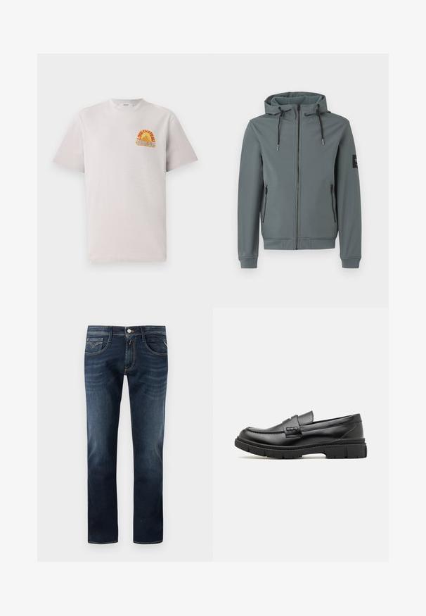 Hooded jacket in een gedempte grijze kleur, gemaakt van glad, rekbaar materiaal. Voorzien van een volledige rits, twee zijzakken en verstelbare koordjes.; Lichtgrijs katoen T-shirt met ronde hals, voorzien van een kleurrijke "Lone Château Replay" grafiek in oranje en blauw op de borst.; Donkerblauwe denim jeans met een klassieke rechte pijp, voorzien van vijf zakken, een knoopsluiting aan de voorkant en subtiele stikdetails.; Zwarte leren instapper met een brede band over de voet, rubberen zool met dikke noppen en een gladde textuur. Klassiek, strak ontwerp.