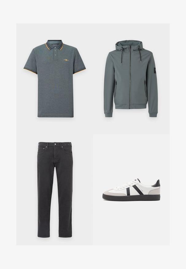 Hættejakke i en dæmpet grå farve, lavet af glat, strækbart stof. Har en fuld lynlås, to sidelommer og justerbare snore.; Grå polo shirt med et tekstureret stof, der har en tre-knaps placket, lyseblå og orange kraveaccenter samt et lille logo på brystet.; Sorte denim jeans med lige ben-design, der har en knap- og lynlåseåbning, fem lommestil og subtile syninger.; Hvide sneakers med sorte og grå detaljer, med en tekstureret grå tåhætte, sort gummisål og flade hvide snørebånd. Rent design, minimalistisk stil.