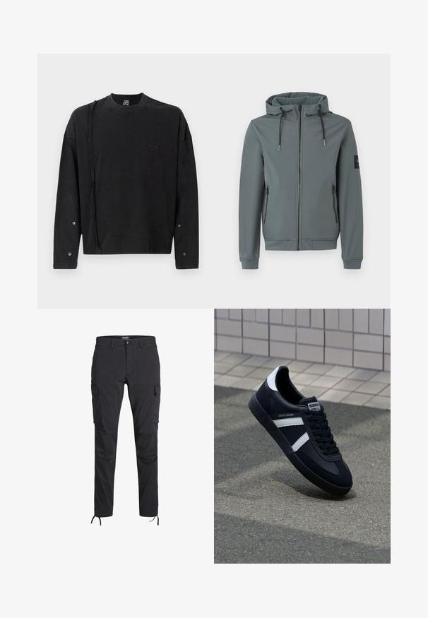 Kapuzenshülle in einem gedämpften Grauton, aus glattem, elastischem Stoff gefertigt. Verfügt über einen vollständigen Reißverschluss, zwei Seitentaschen und verstellbare Kordelzüge.; Schwarzer Pullover mit langen Ärmeln und Rundhalsausschnitt, mit einem dezenten Logo auf der Vorderseite und Druckknopfdetails an den Ärmeln, aus weichem Stoff gefertigt.; Schwarze Cargo-Hose aus leichtem Stoff, mit mehreren Seitentaschen und verstellbaren Kordelzügen am Saum für eine maßgeschneiderte Passform.; Schwarze Leder-Sneaker mit weißen Streifen, strukturiertem Gummisohle und Schnürung. Verfügt über ein Markenetikett auf der Zunge.