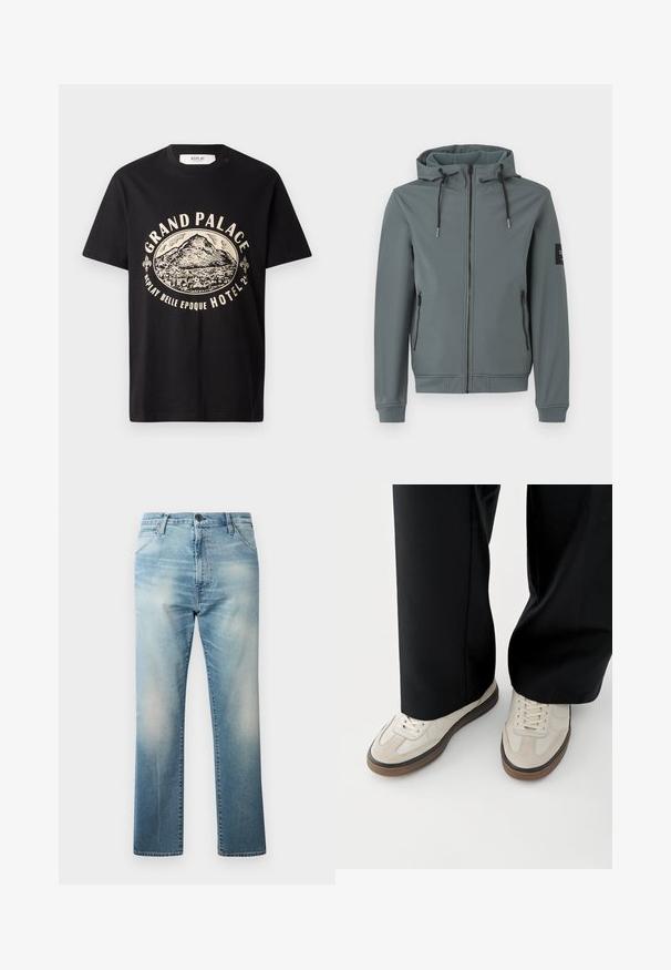 Chaqueta con capucha de color gris suave, hecha de un tejido liso y elástico. Cuenta con una cremallera completa, dos bolsillos laterales y cordones ajustables.; Camiseta de algodón negra con un estampado gráfico en beige de una montaña y texto que dice "Grand Palace Replay Belle Epoque Hotel". Diseño sencillo de cuello redondo.; Replay WAINE PANTS - Vaqueros boyfriend - light blue; Pies con zapatillas beige con suelas marrones y pantalones negros de pierna ancha sobre un fondo blanco.