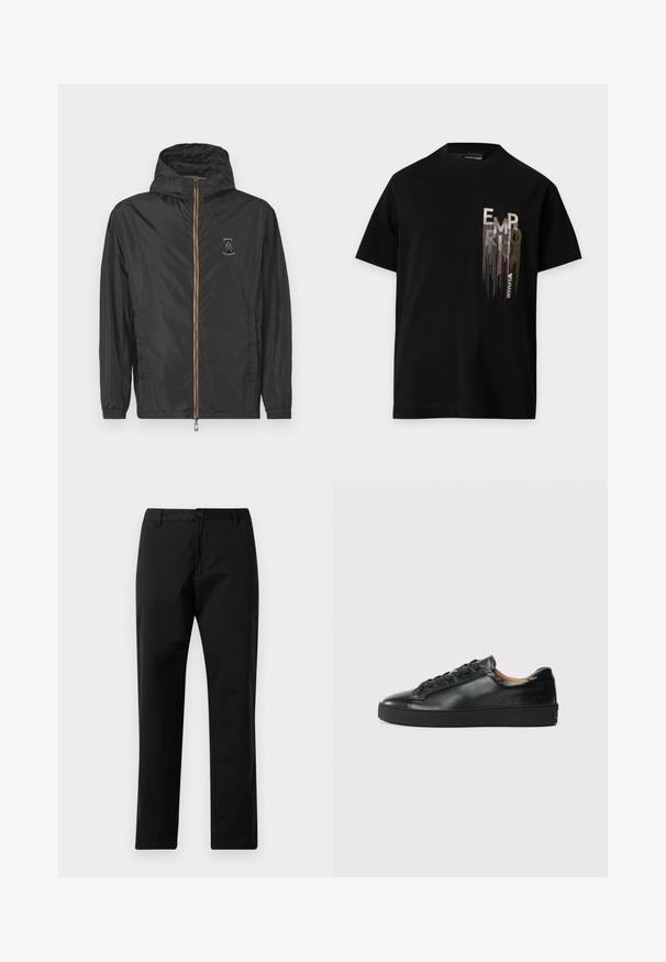 Chaqueta ligera negra con capucha, cremallera frontal y logo de Armani Exchange en el lado izquierdo del pecho, sobre un fondo blanco liso.; Camiseta negra de manga corta con un logo vertical metálico plateado y dorado "EMPORIO ARMANI" en la zona izquierda del pecho.; Pantalones rectos negros con cierre de botón y cremallera, pasadores para cinturón y bolsillos delanteros, exhibidos sobre un fondo blanco.; Zapatilla negra de cuero con una textura suave, puntera redonda y cierre de cordones. Presenta una suela de goma gruesa y un detalle de marca mínimo.