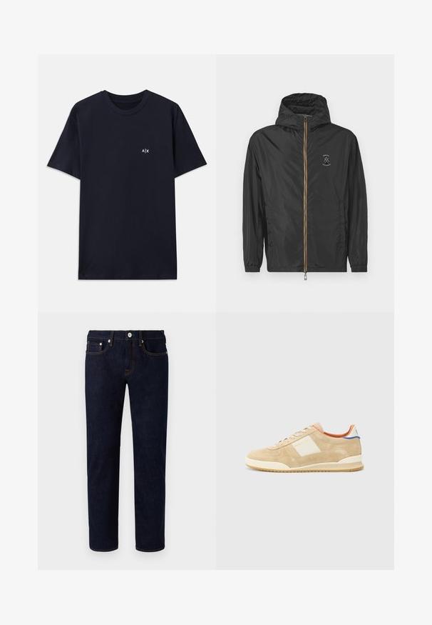 Chaqueta ligera negra con capucha, cremallera frontal y logo de Armani Exchange en el lado izquierdo del pecho, sobre un fondo blanco liso.; Camiseta de algodón de color azul marino con mangas cortas y cuello redondo. Presenta un pequeño logo blanco "A|X" en la parte izquierda del pecho.; Vaqueros de mezclilla azul oscuro con diseño de pierna recta, con costuras naranjas, cinco bolsillos y un cierre frontal con botón.; Zapatillas de ante beige con acentos blancos, punta redonda, diseño con cordones y suela texturizada, con un logo sutil en el lateral y en el talón.