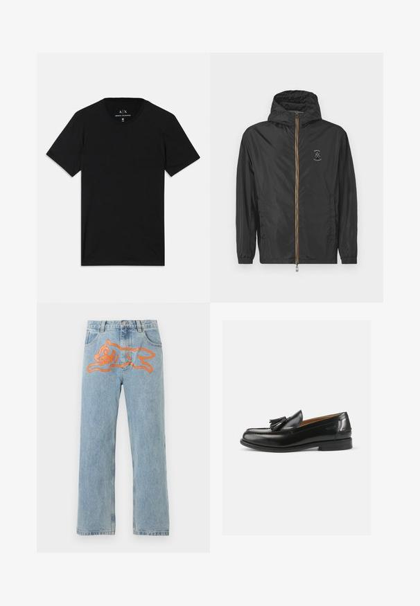 Čierna ľahká kapucňová bunda s predným zipsom a logom Armani Exchange na ľavom hrudi na bielom pozadí.; Čierne tričko vyrobené z bavlny, s krátkymi rukávmi, okrúhlym výstrihom a etiketou s logom značky na vnútornej strane goliera.; Svetlomodré riflové nohavice s veľkým oranžovým grafickým motívom hravého, kresleného psa na prednej časti pásu.; Čierne kožené mokasíny s ozdobným strapcom, zaoblenou špičkou a hladkým povrchom. Podrážka je plochá s minimálnym vzorom.