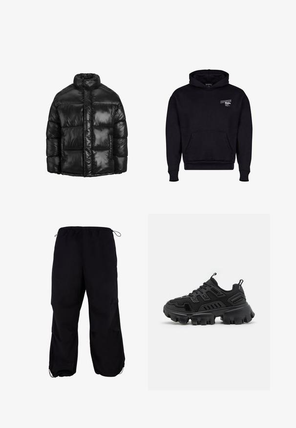 Schwarze Daunenjacke mit hohem Kragen, glänzendem Außenmaterial, gestepptem Design und zwei vorderen Taschen. Mittellang und lockere Passform.; Schwarze Kapuzenjacke aus Baumwollmischung, mit einer Vorderfronttasche, gerippten Bündchen und einem Logo auf der Brust. Klassisches Design und weicher Stoff.; Schwarze, locker sitzende Cargo-Hosen mit elastischem Bund und verstellbarem Kordelzug. Mit Reißverschlusstaschen und Bündchen an den Knöcheln.; Schwarzer Sportschuh mit strukturiertem Gummisohle, gestuften Designelementen und verstärkten Akzenten. Verfügt über Schnürsenkel und eine Schlaufe an der Ferse.