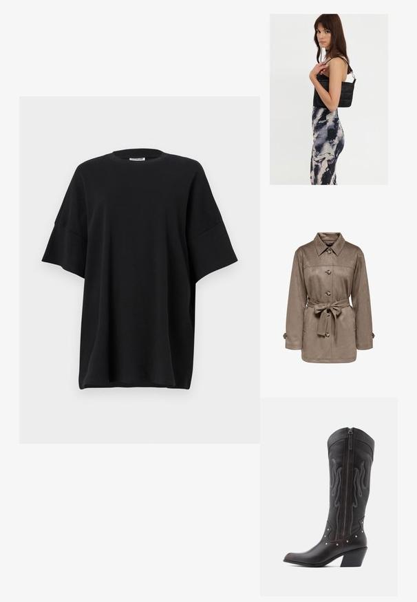 Chaqueta de ante marrón con cuello, botones en el frente y cintura ceñida con cinturón. Presenta dos bolsillos laterales y puños enrollados. Textura suave, diseño casual.; Camiseta negra de gran tamaño hecha de algodón, con un escote redondo y mangas cortas y anchas, de textura suave y ajuste holgado.; Botas de cowboy de cuero marrón con costuras en forma de llama, cremallera lateral, tachuelas plateadas, punta puntiaguda y tacón apilado.; Bolso de hombro negro acolchado con una sola correa y herrajes plateados, combinado con un vestido ajustado de patrón tie-dye en tonos de negro y crema.