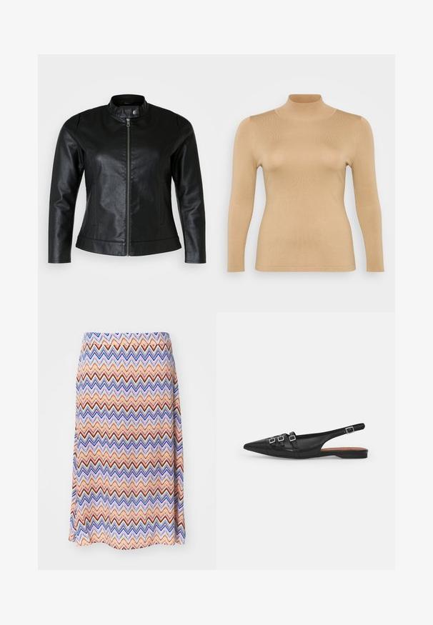 Sort læderjakke med rund krave, frontlynlås og to sidelommer. Glat tekstur med let glans og tætsiddende design.; Beige rullekravebluse med lange ærmer, ribbet tekstur, tætsiddende design og høj krage. Glat materiale uden synlige udsmykninger.; Multifarvet zigzag mønster nederdel. Lavet af letvægtsstof, med en flared silhuet og en taljeelastik. Overvejende orange, blå og rød.; Sort læderslyngeflad sko med spids tå, der har to vandrette stropper og firkantede sølvspænder, lav hæl og glat tekstur.