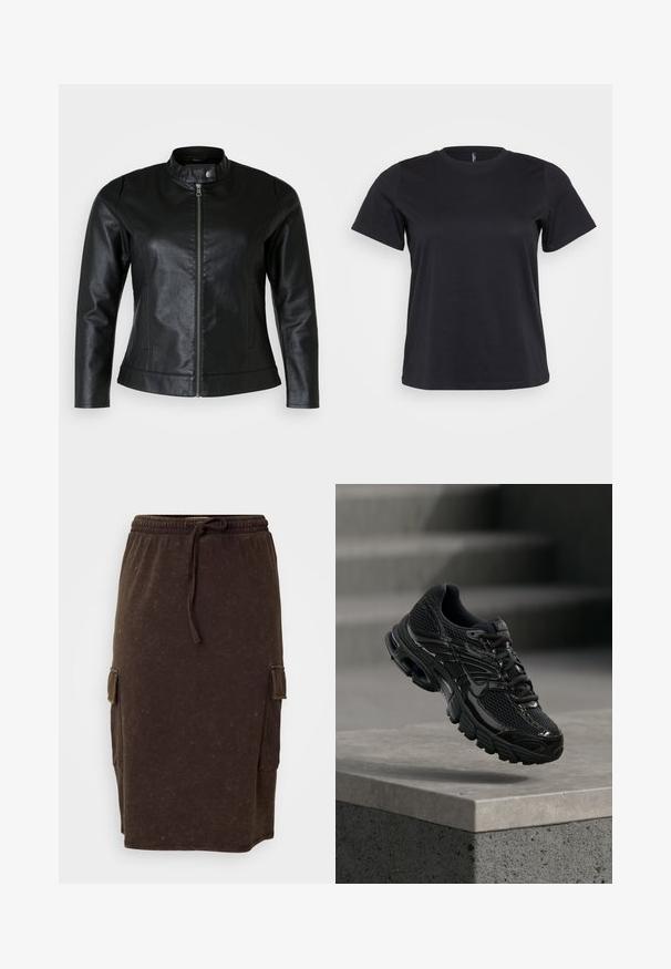 Sort læderjakke med rund krave, frontlynlås og to sidelommer. Glat tekstur med let glans og tætsiddende design.; Sort bomulds-t-shirt med korte ærmer, rund halsudskæring, afslappet pasform og glat tekstur. Ingen synlige grafik eller mønstre.; Brun bomuldsblandings midi-nederdel med elastisk talje og snor. Sidelommer i cargo-stil og en afslappet pasform. Diskret tekstur.; Sort Nike løbesko med mesh og syntetisk overdel, der svæver over en betonoverflade og trin i baggrunden.
