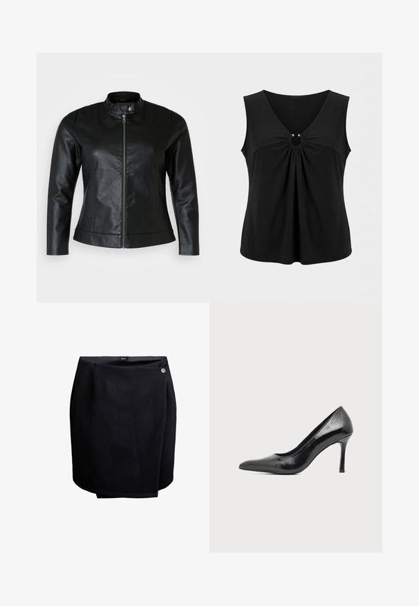 Veste en cuir noir avec un col rond, fermeture éclair à l'avant et deux poches latérales. Texture lisse avec un léger éclat et un design ajusté.; Haut noir sans manches avec col en V et détail d'ouverture centrale resserrée par deux petites perles argentées, coupe ample.; Jupe noire enveloppante avec une fermeture à bouton sur le côté, fabriquée en tissu lisse, arrivant au genou avec un léger détail de superposition.; Chaussure à talon haut pour femme en cuir verni noir avec bout pointu et talon fin sur fond clair uni.