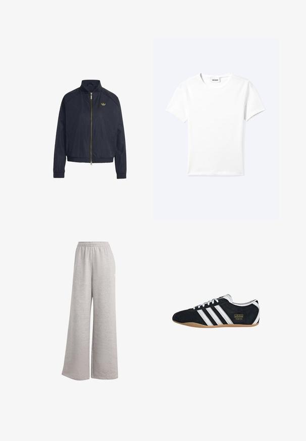 Chaqueta azul marino con cremallera, puños y dobladillo elásticos, cuello alto y pequeño logo dorado de Adidas en el pecho izquierdo.; Camiseta blanca lisa de manga corta con cuello redondo y una pequeña etiqueta "WEEKDAY" dentro del cuello, mostrada extendida sobre un fondo claro.; Pantalones de chándal gris claro con un corte holgado, cinturilla elástica y textura suave. Presenta un sutil logo en un lado. Diseño casual.; Zapatillas de ante negro con tres franjas blancas, logotipo dorado y suela de goma marrón. Presentan un diseño de cordones de perfil bajo.