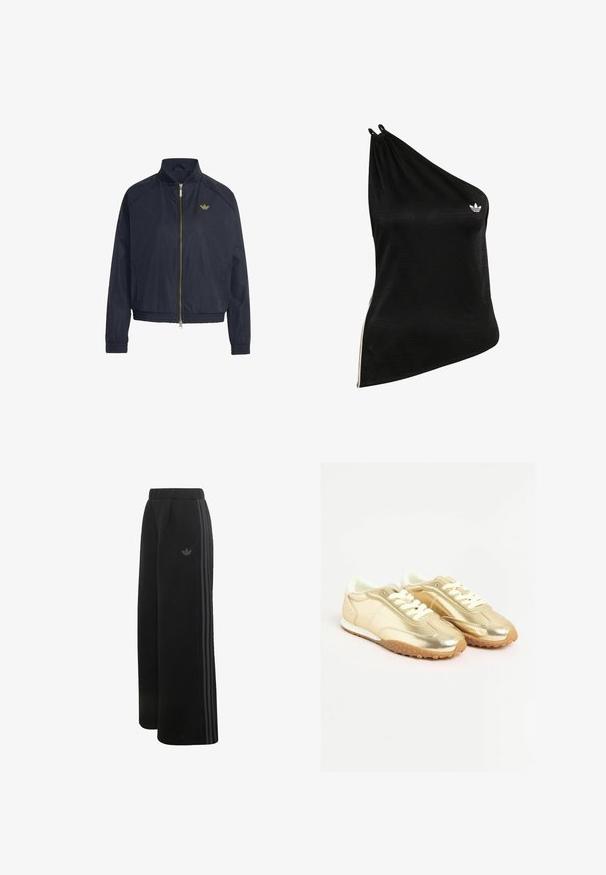 Donkerblauwe jas met rits, elastische manchetten en zoom, hoge kraag en klein gouden Adidas-logo op de linkerborst.; Zwart een-shoulder top gemaakt van zachte, gladde stof met een subtiel geometrisch patroon en een klein wit logo op de borst.; Zwarte Adidas-broek met wijde pijpen, elastische tailleband, drie donkergrijze zijstrepen en klein trefoil-logo op de linker dij.; Gouden metallic sneakers met een gladde textuur, witte veters en een rubberen zool met een gestippeld patroon. Accenten in lichtbeige.